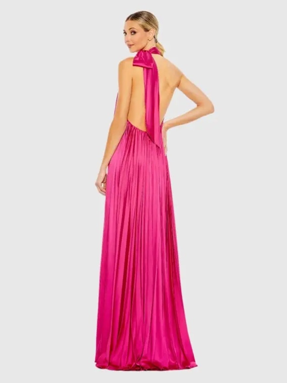 Mac Duggal Halter Neckline Bow Detail Pleated A-line Dress